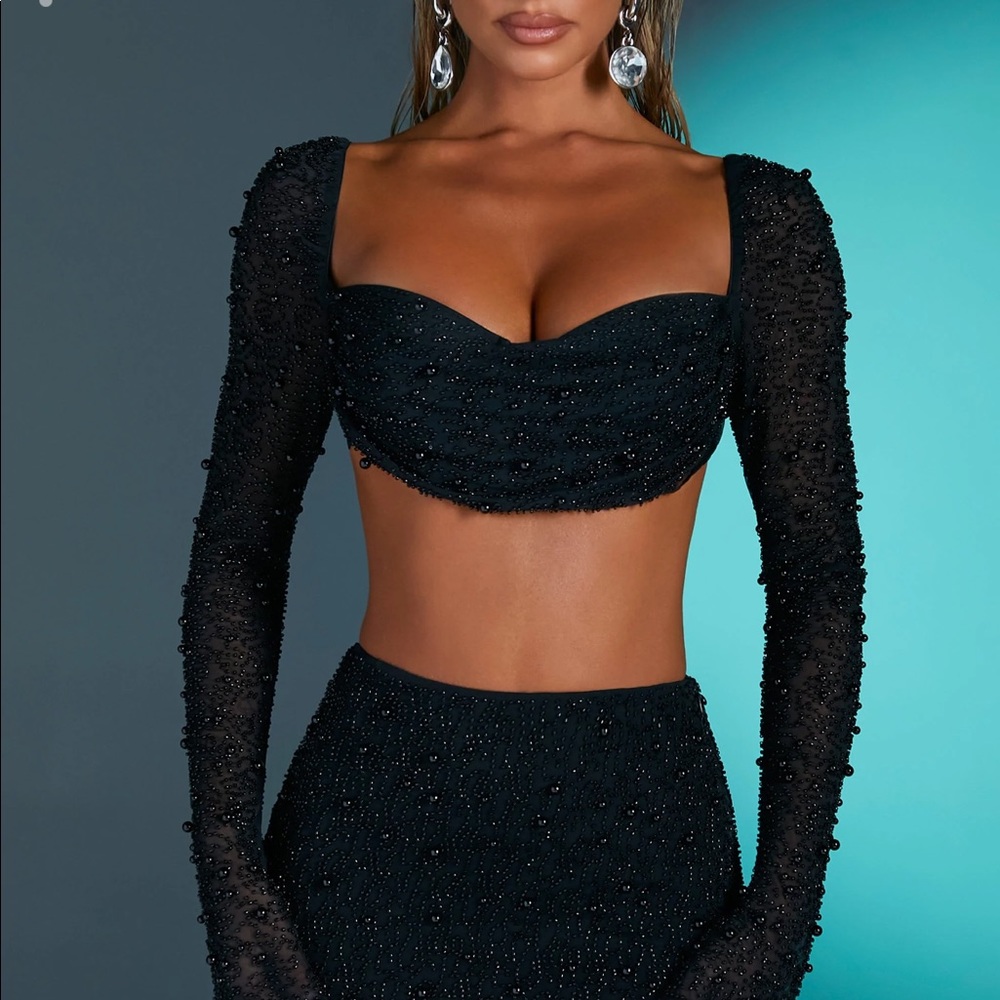 Embellished Long Sleeve Crop Top in Black